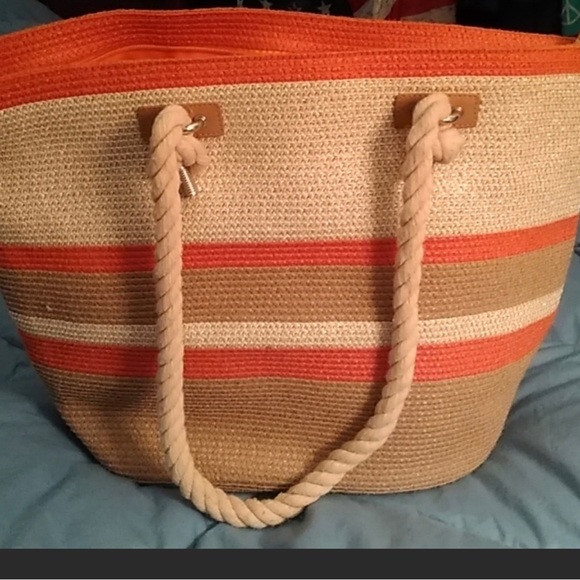 Orange & brown stripe beach tote  bag. - Picture 1 of 7